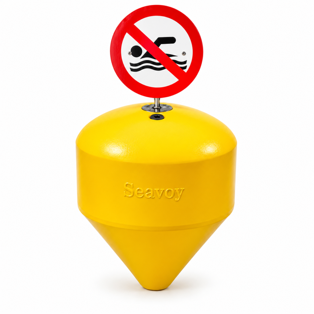 Seavoy SB 670 yellow marine buoy with a no-swimming safety sign floating in the sea.